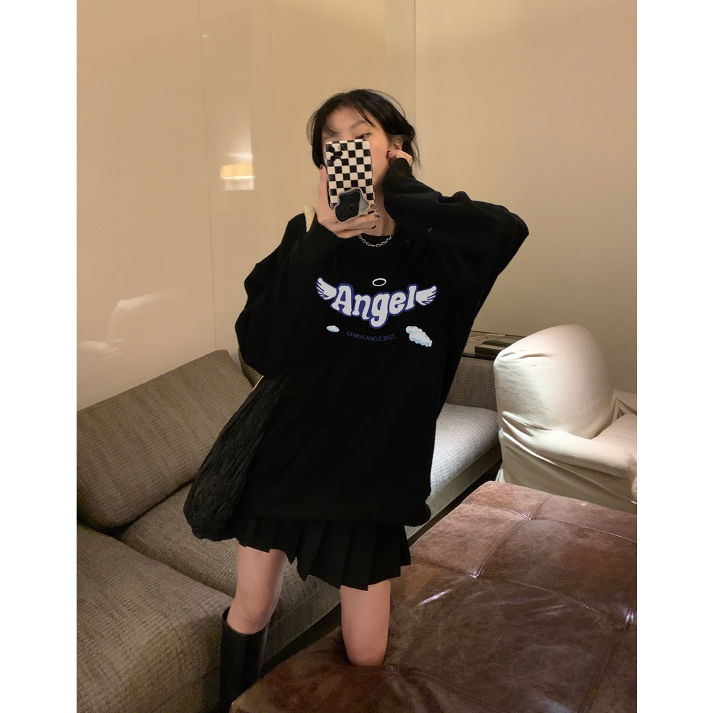 EUNII Sweater Lengan Panjang Cartoon Angel Wings Korean Style/Hoodie Oversize/Baju Wanita/Switer Wanita