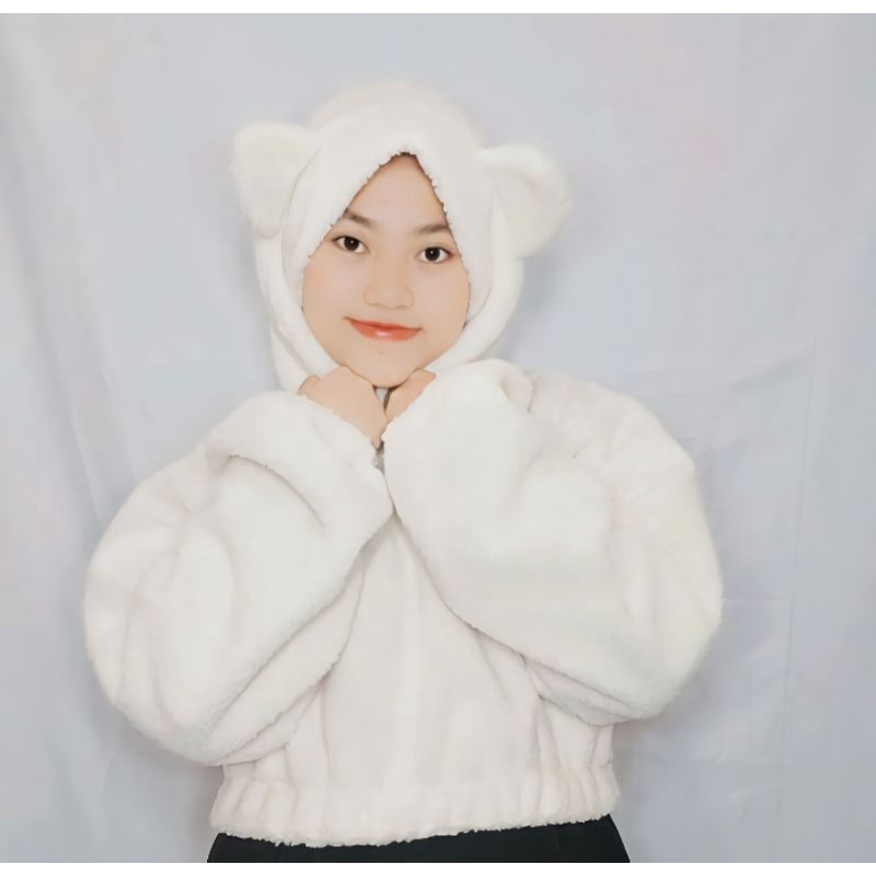 Jaket Bulu Sherpa Jaket Korea Bulu Sherpa Wanita Crop Murah