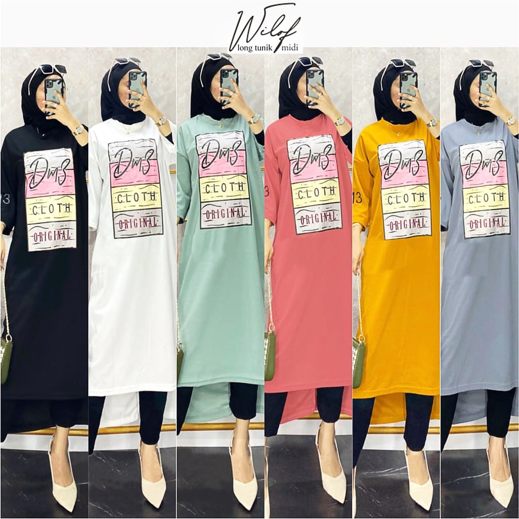 Gamis Midi Terbaru Wilof Midi BO Bahan Kaos Katun Combed 24s Aplikasi Sablon Size S M L XL XXL 3XL Basic Dress Kaos Wanita Oversize Busana Muslim Wanita Modern Tunik Jumbo Kekinian Warna Hitam / Lime / Dusty / Putih