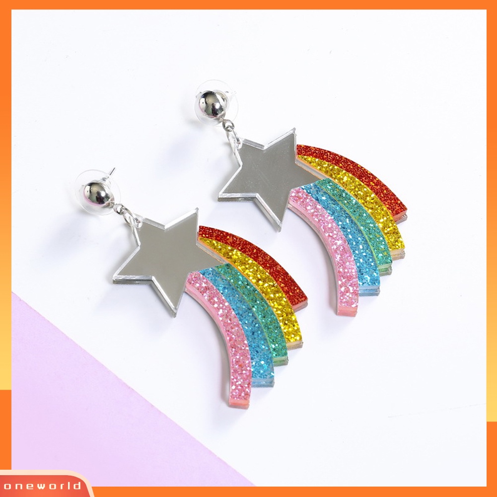 [WONE] Bintang Rainbow Sequin Pendant Ear Stud Earrings Wanita Brinco Hadiah Perhiasan Pesta