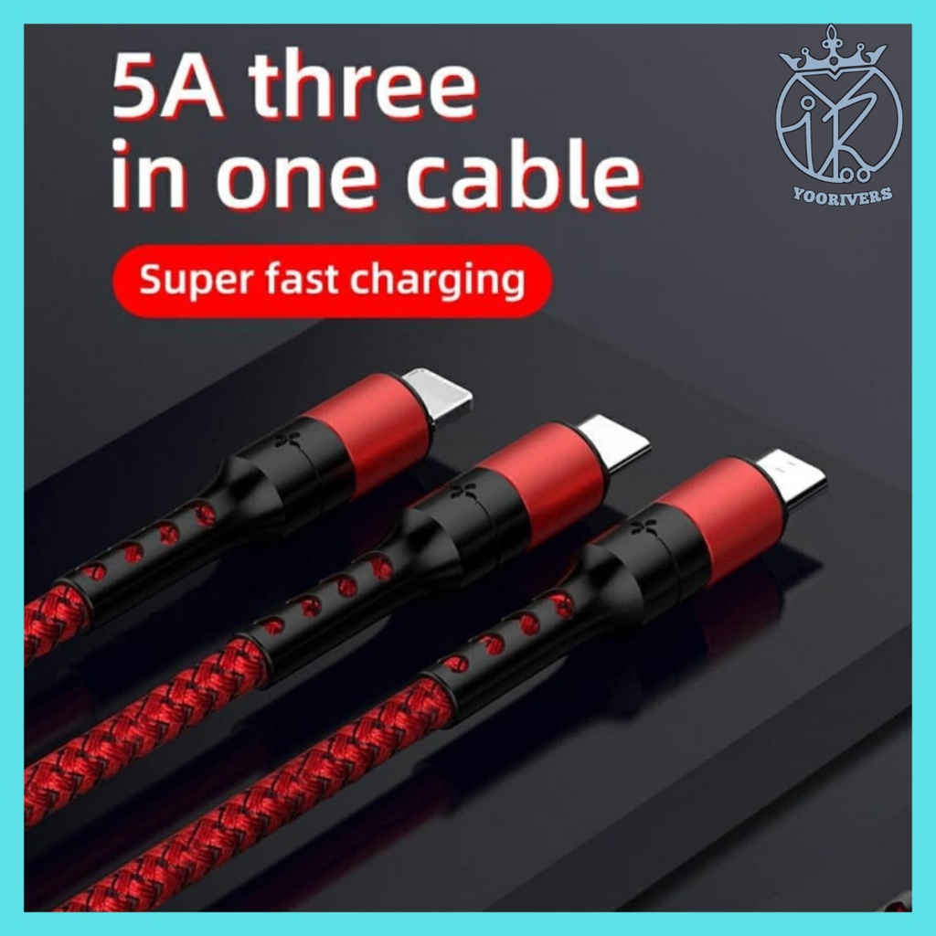 kabel data type c fast charging 3in1 5A super fast charging kabel casan micro usb 3in1 powerbank tip