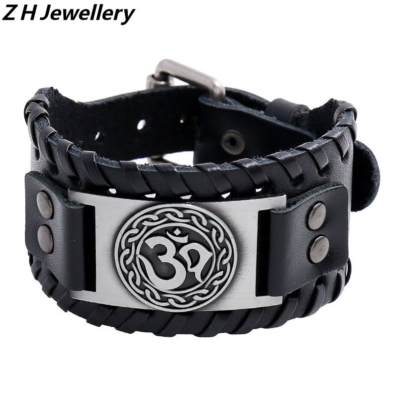 Viking Fashion Pria Stainless Steel Kulit Rune Lebar Gelang Kulit Hip Hop Pesta Perhiasan Aksesoris