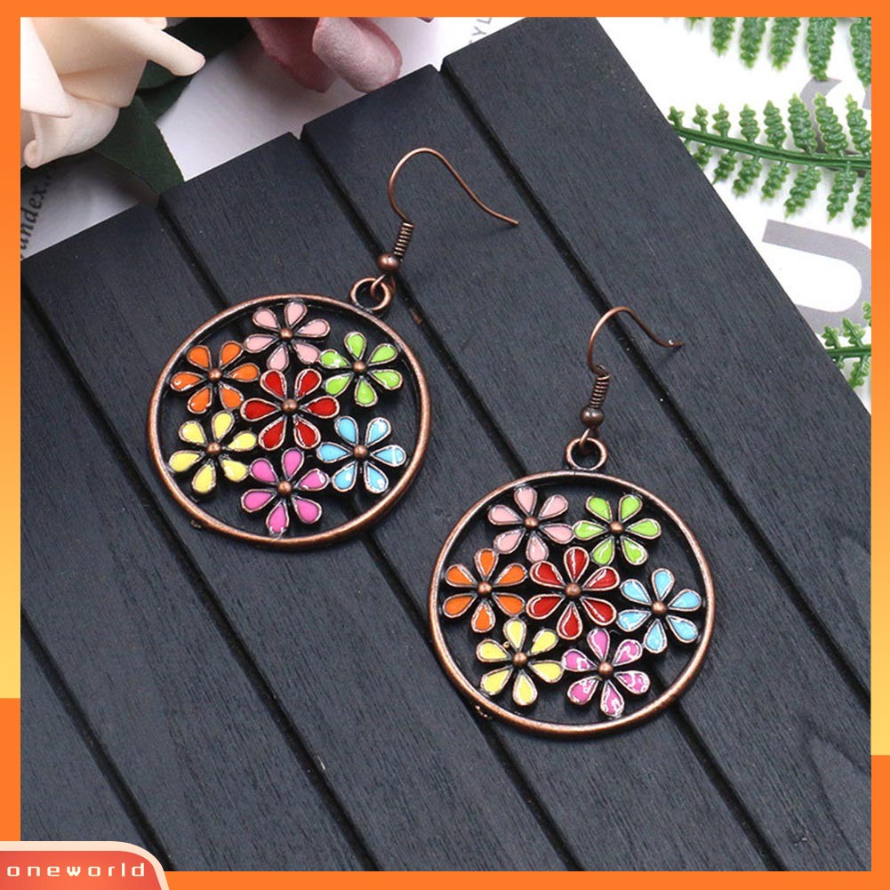 [WONE] Bohemian Warna-Warni Bunga Besar Bulat Pesona Statement Hook Anting Wanita Perhiasan