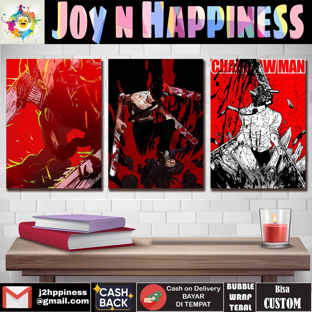 Hiasan Dinding Poster Bingkai Kayu Anime Chainsaw Man Denji