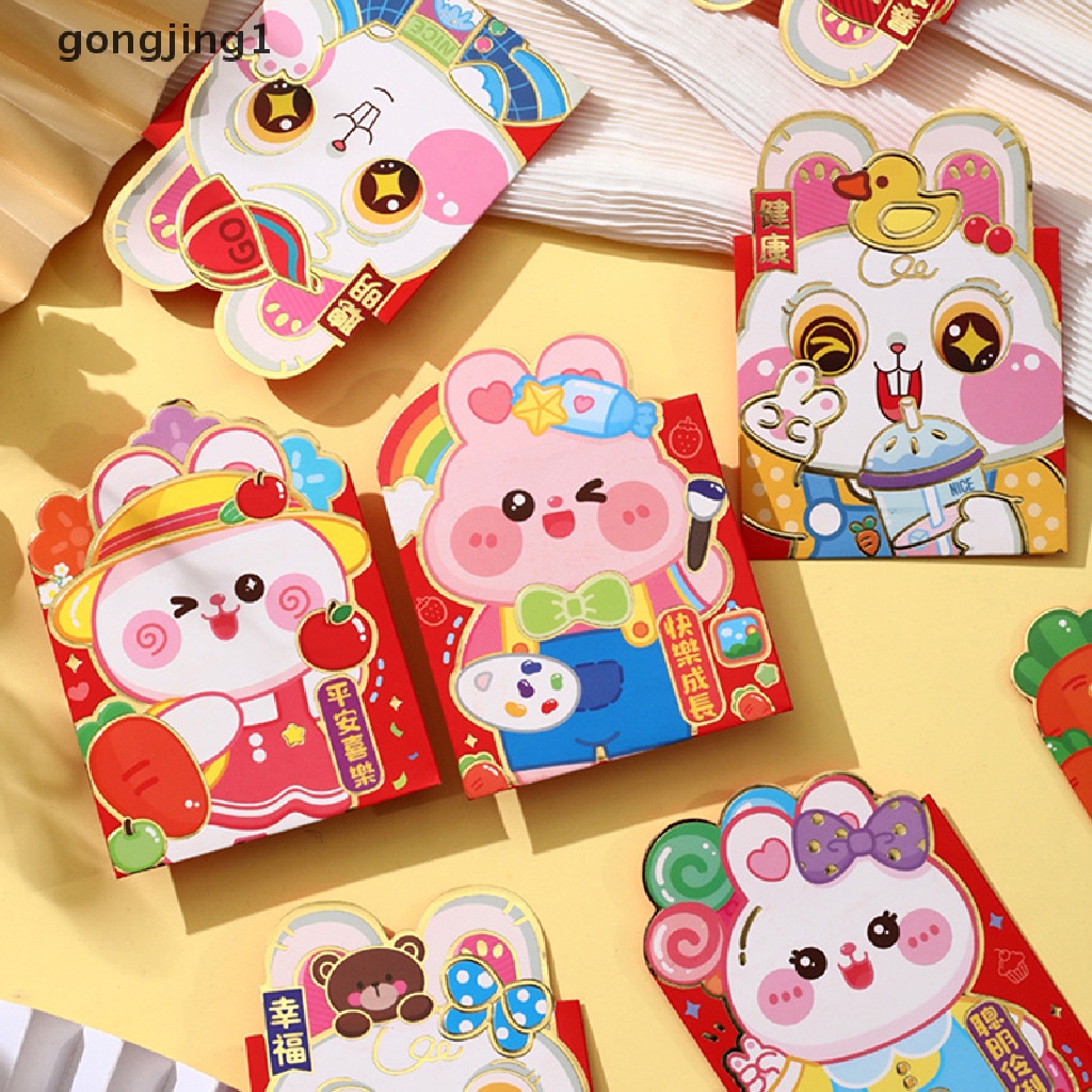 Ggg 6pcs 2023tahun Kelinci Amplop Merah Imlek Uang Keberuntungan Kantong Pola Kartun Festival Musim Semi Pernikahan Merah Hadiah Amplop ID