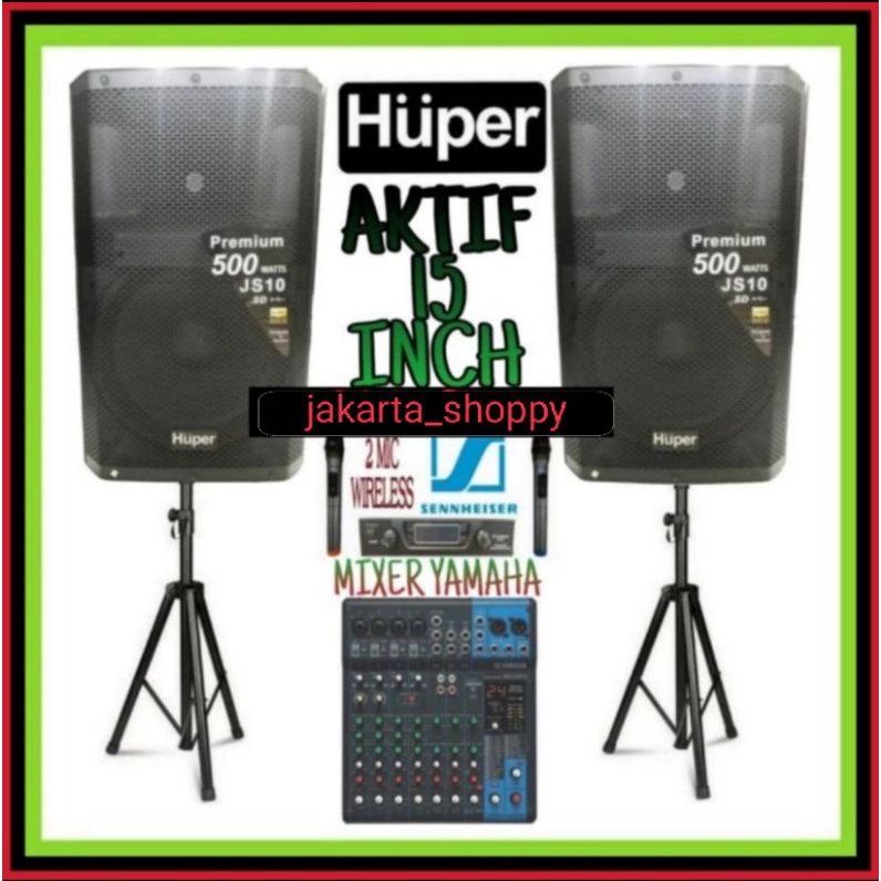 Paket double aktif Huper 15 inch mixer YAMAHA 2 mic wireless 2 stand