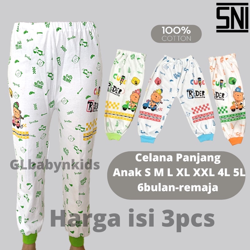 [Bundle isi 3pcs]Grosir Celana Panjang Santai Tidur Rumah Harian Training Anak Motif Rider 100%Katun Size SS-5L New Born-Remaja SNI