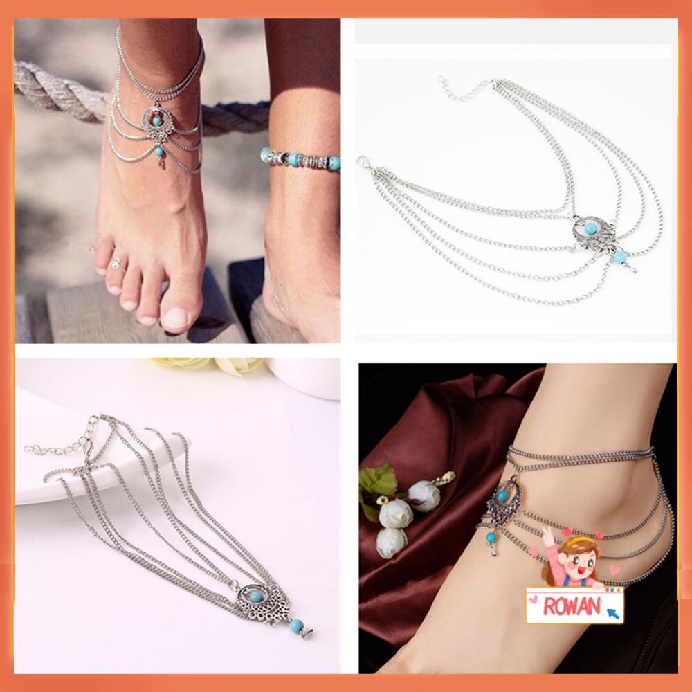 R-bunga Gelang Kaki Fashion Gaya Pantai BOHO Etnik Aksesoris Tebal Rantai Drop Rantai Multi-Lapis Memakai Perhiasan Berongga Pirus Perak Kaki