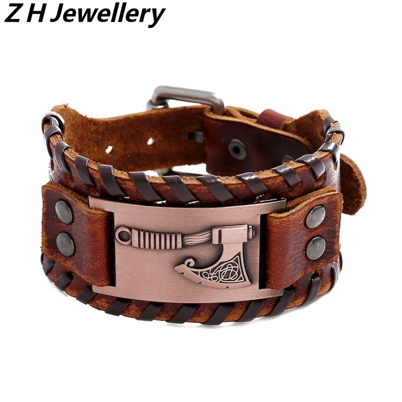 [Z H Perhiasan] Hip Hop Rock Retro Pria Fashion Stainless Steel Viking Rune Gelang Kulit Pesta Perhiasan Aksesoris