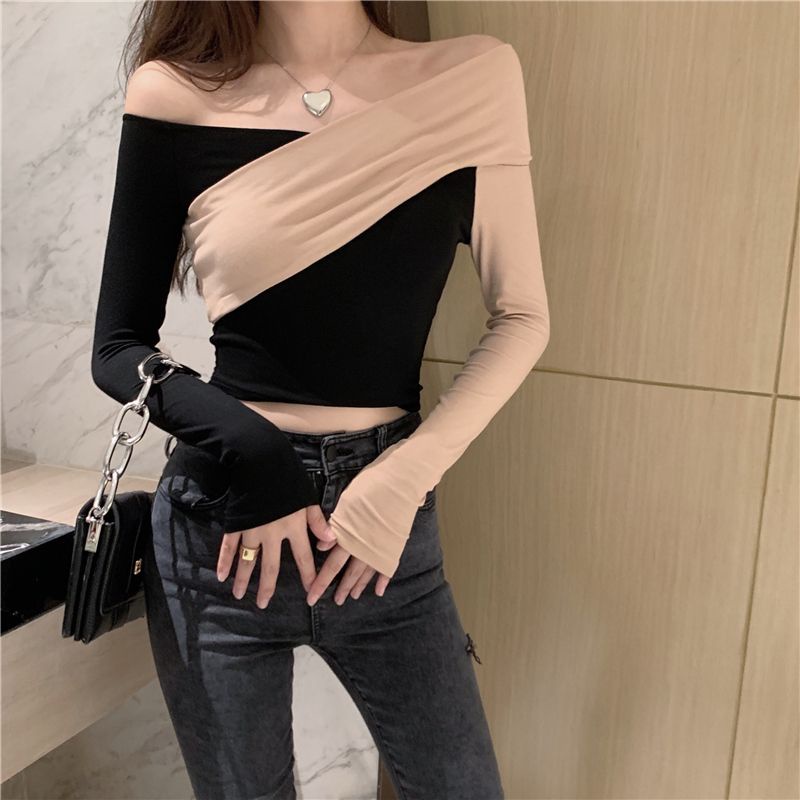 ☈┋Suhao keinginan murni hot girl one-shoulder bottoming kemeja musim dingin wanita pakaian dalam chic top in rasa desain ceruk pinggang T-shirt pendek