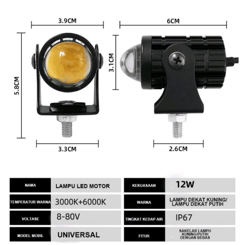 Lampu tembak D2 LED mini 2 warna laser high low putih kuning waterproof