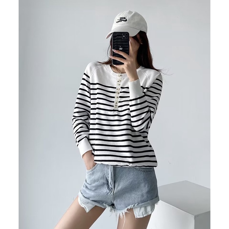 35053 Sweater Wanita Korea Sweater Putih Lengan Panjang White Stripe Knit Sweater