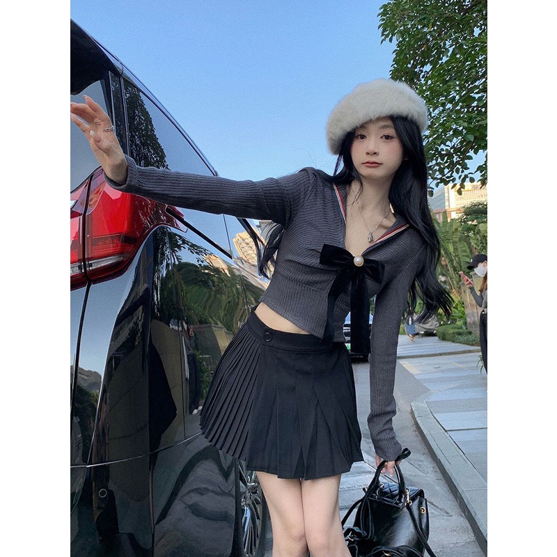 ☒✾✔Suhao Versi Korea Angkatan Laut Kerah Lengan Panjang Rajutan Kemeja Wanita Musim Gugur 2022 Baru Pullover Slim-Fit pendek Sweater Top