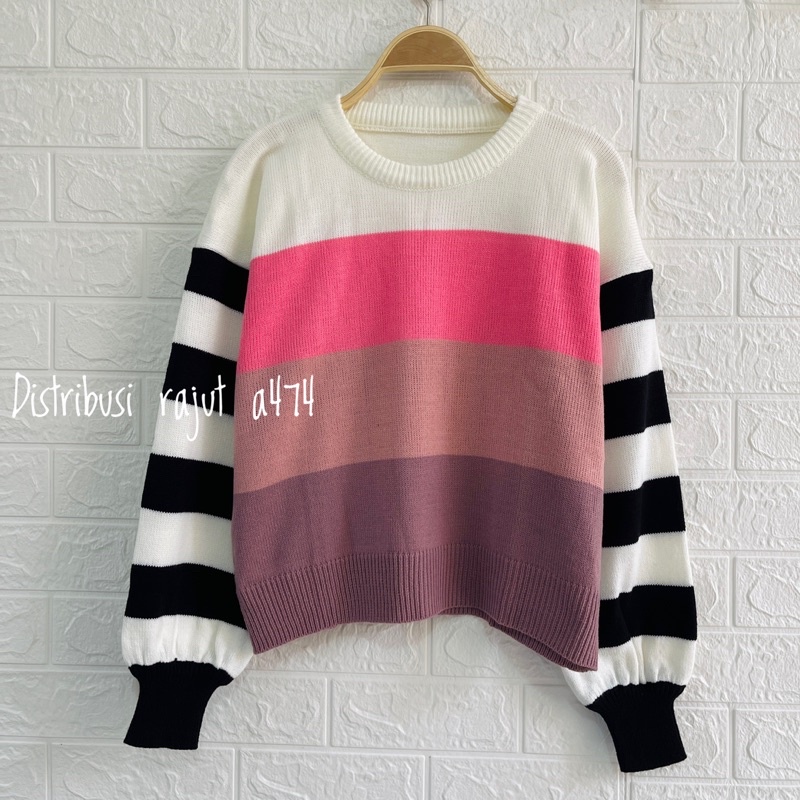MELINDA SWEATER RAJUT STIRIPE BLASTER ATASAN WANITA LENGAN PANJANG
