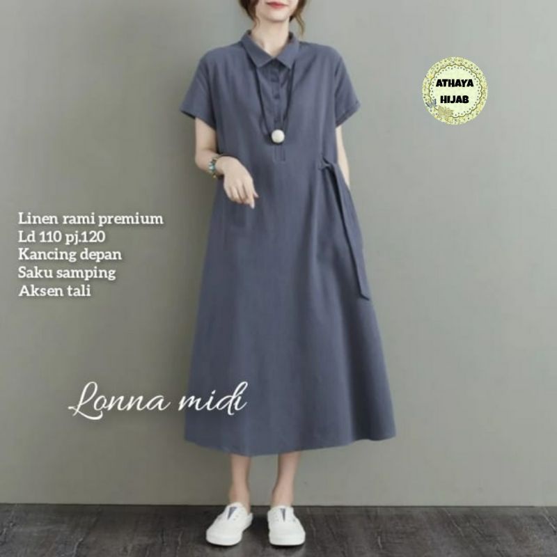 Lonna Midi Dress Linen Rami Premium LD 110 Midi Dress Casual Wanita Terbaru By Athaya Hijab
