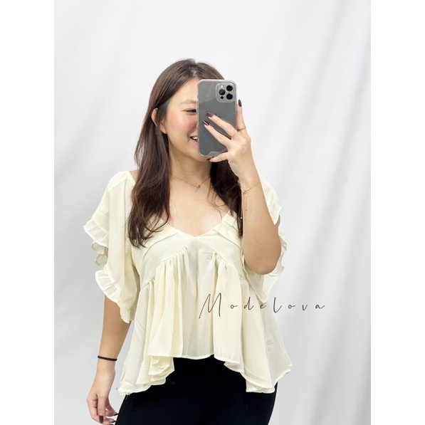 MDLV ~ 5929# Griselda Asymmetric Ruffle Top Blouse Import