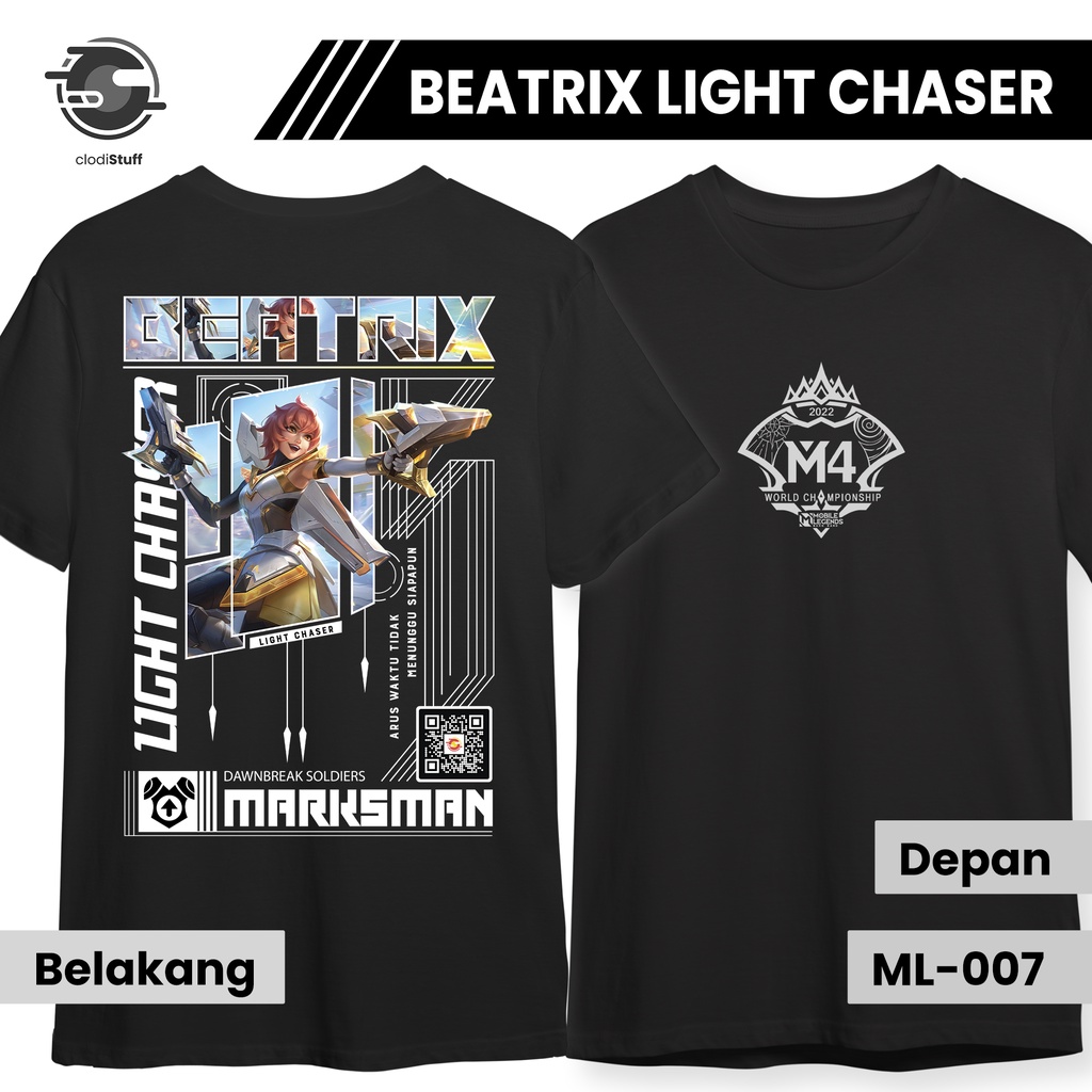 Kaos BEATRIX LIGHT CHASER Skin M4 2022 Mobile Legends MLBB Lengan Pendek Hitam Combed 24s Pria