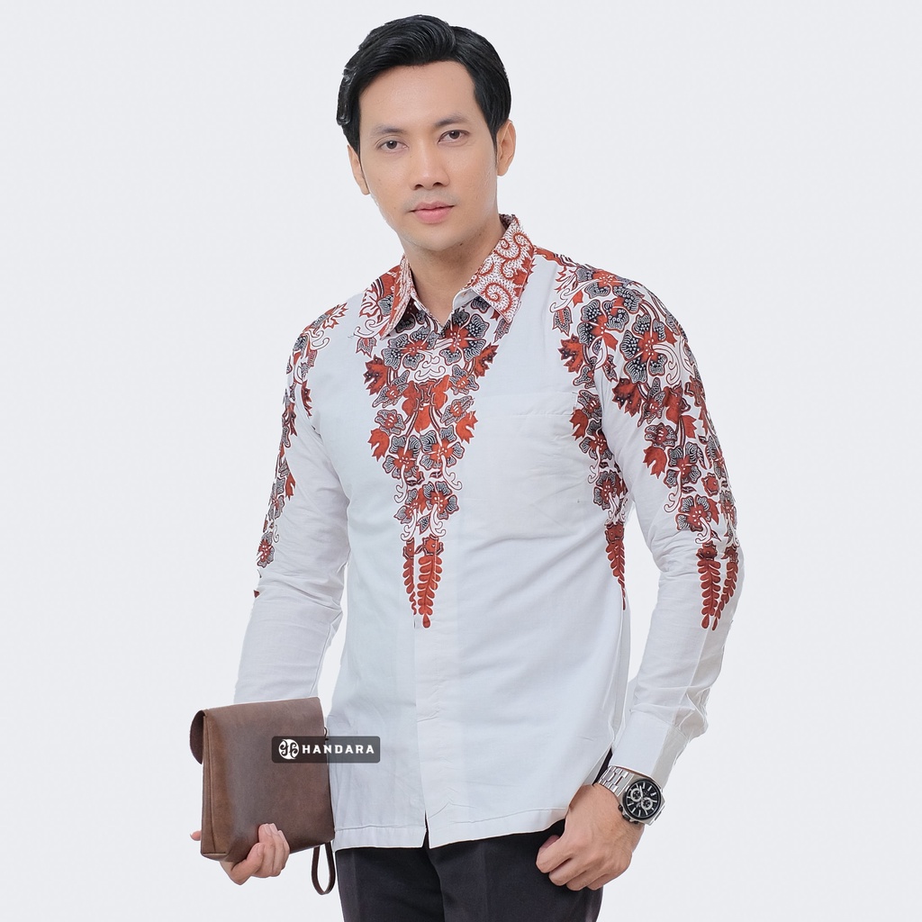 Baju Kemeja Batik Pria Lengan Panjang Slim Fit Premium Modern Full Furing Katun Halus Original Handara Motif Astana Putih Sogan HB-167