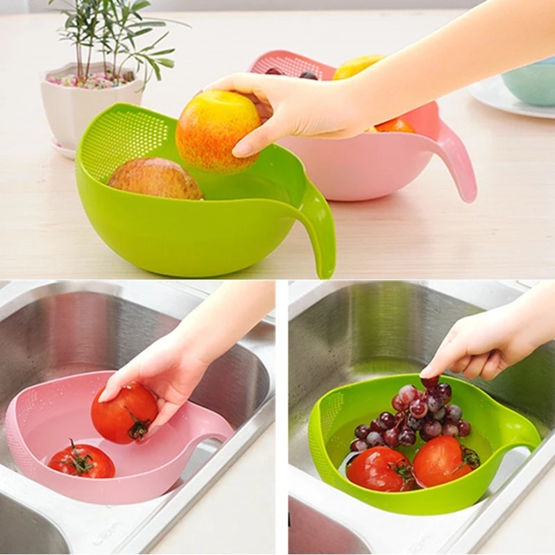 1pc Colander Saringan Beras Bahan Plastik Warna-Warni Dengan Gagang/Keranjang Saringan Cuci Buah Sayuran Gadget Dapur