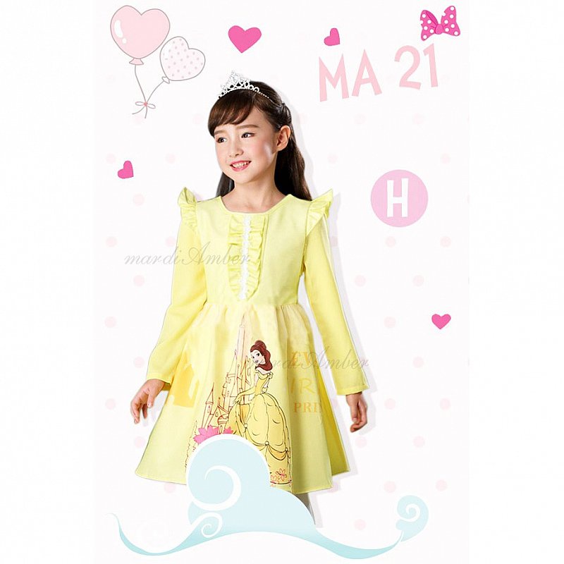 Dress Anak Warna Kuning Gaun Putri Belle Lengan Panjang Baju Anak Cewek