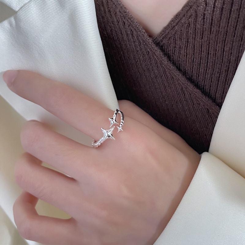 Papaozhu Korea Perak Spiral Bintang Cincin Untuk Wanita Gadis Halus Starry Open Ring Fashion Manset Jari Perhiasan