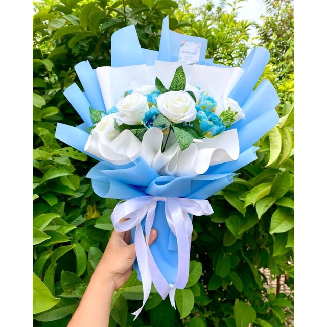 Buket bunga artificial bunga palsu BIRU PUTIH  hadiah wisuda hadiah anniversary pacar ibu hadiah kad