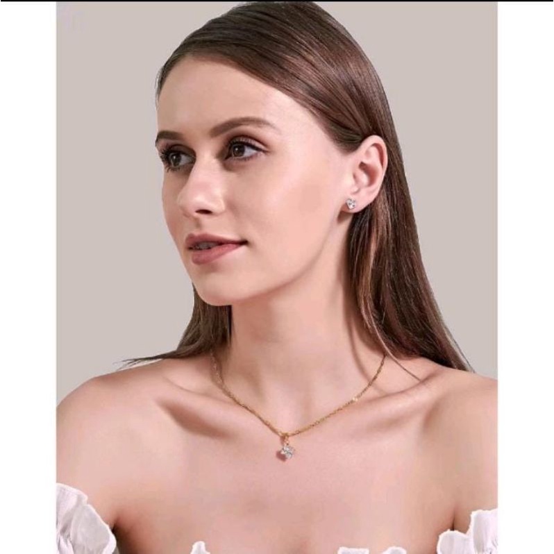 FerenHongXia Anting Zirkon Persegi Kristal Baru Dan Set Kalung