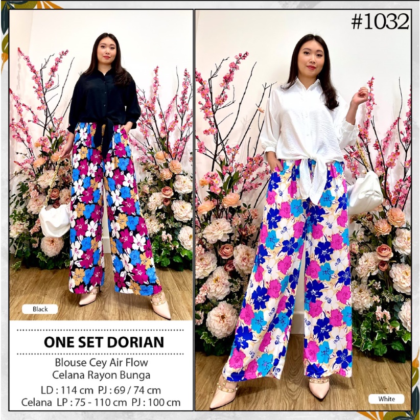 Setelan Baju Wanita | One Set Dorian Kemeja Cey Air Flow + Celana CutBray Rayon Bunga Floral Kekinia