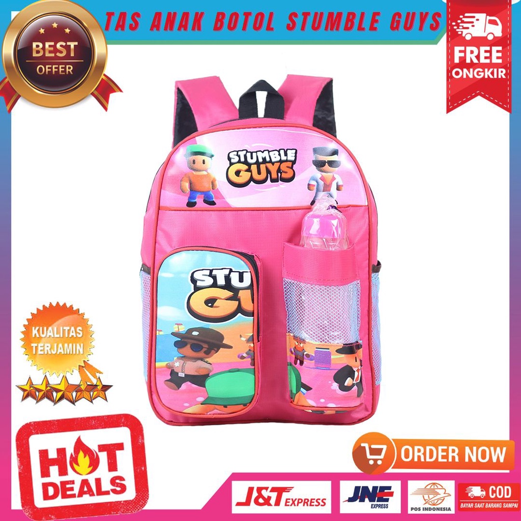 Tas Gendong Anak Cewek Motif Stumble Guys Warna Pink Ransel Anak PAUD TK Gratis Botol Minum Backpack Sekolah Ngaji TPA TPQ Murah