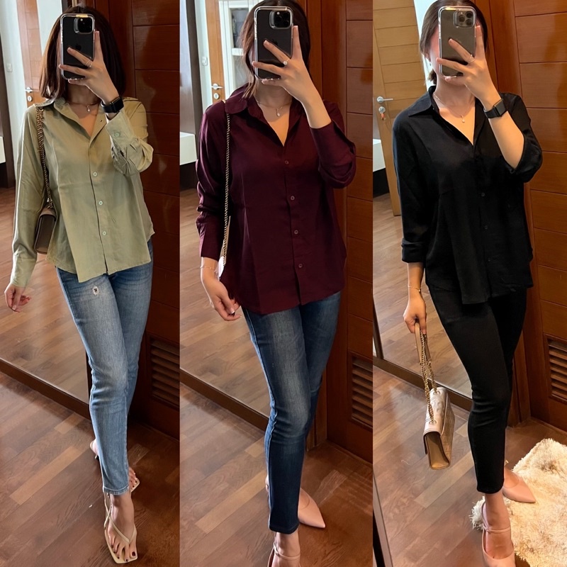 KEMEJA RAYON TANGAN PANJANG BAJU ATASAN KERAH KANCING FULL BAJU KERJA BAJU MAIN BAHAN RAYON PREMIUM TEBAL TIDAK NERAWANG