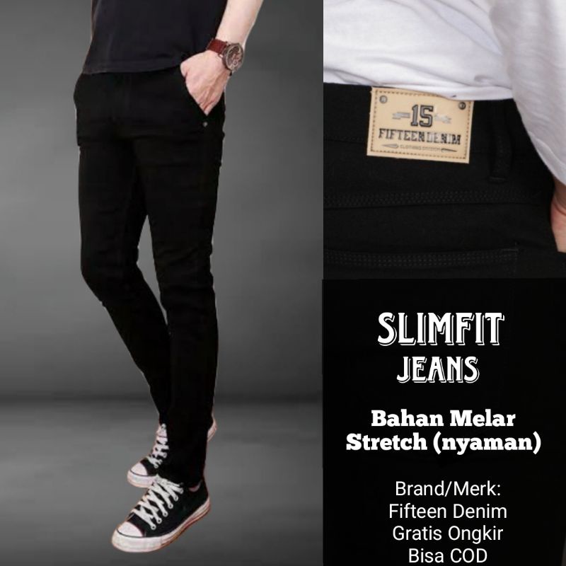 Celana Jeans pria cowo cowok Panjang pensil slimfit skinny (Promo Ramadhan Sale)-Hitam/Black Pekat