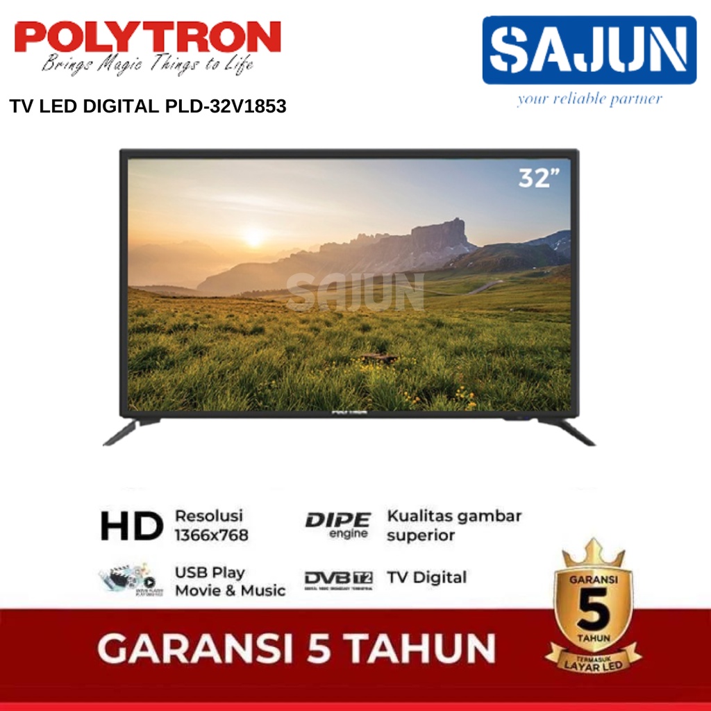 Polytron PLD32V1853 LED Digital TV 32 Inch PLD-32V1853 Free Packing Kayu