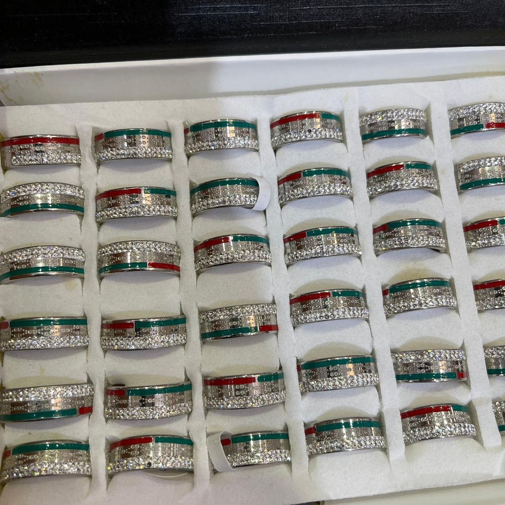 CINCIN TITANIUM GROSIR 1 BOX ISI 36 PCS UKURAN 16 SAMPAI 19/ MOTIF HIJAU MERAAH SILVER PERMATA STRIP / DUNIA GELANG