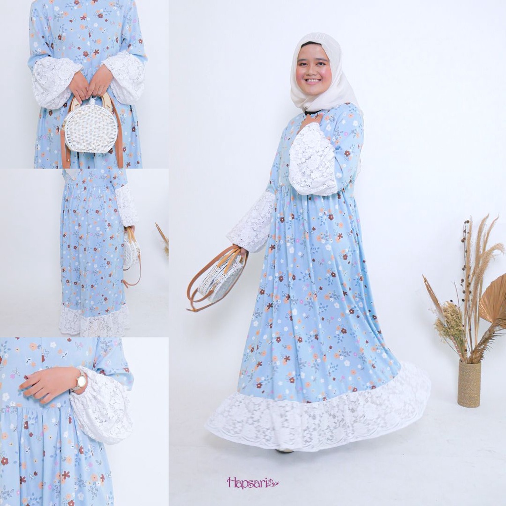 Hapsari - Rahima Dress Korean Ice Blue | Gamis Busui Bunga | Brokat Lace