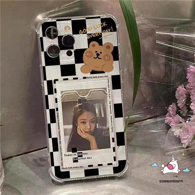 Realme C35 C31 C30 C21Y 5 6i 5i 5s 10 Pro 5G C3 C11 C25 C12 9i C25s C25Y C20 C20A Kartun Lucu Beruang Checkerboard Anti Jatuh Holder Kartu Transparan Lembut Tpu Dompet Slot Case