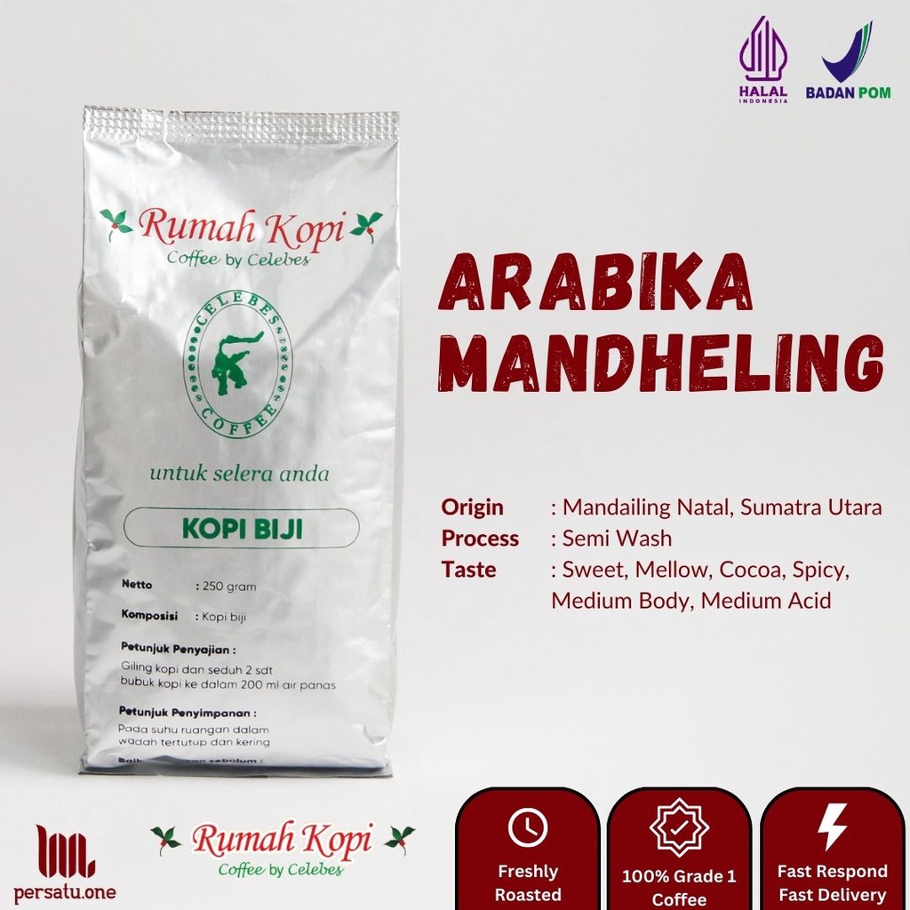 

Kopi Arabika Mandheling Biji/Giling Halus/Medium | CELEBES COFFEE | Kemasan 100, 250, dan 500 gram