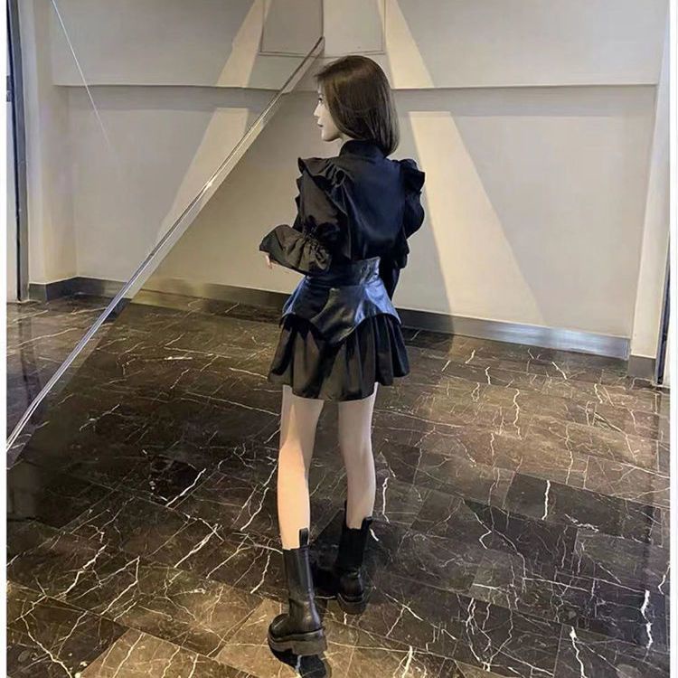 Suhao setelan jas dua potong musim dingin retro gaya Hepburn baju kemeja pinggang ramping rok wanita temperamen hitam berkencan