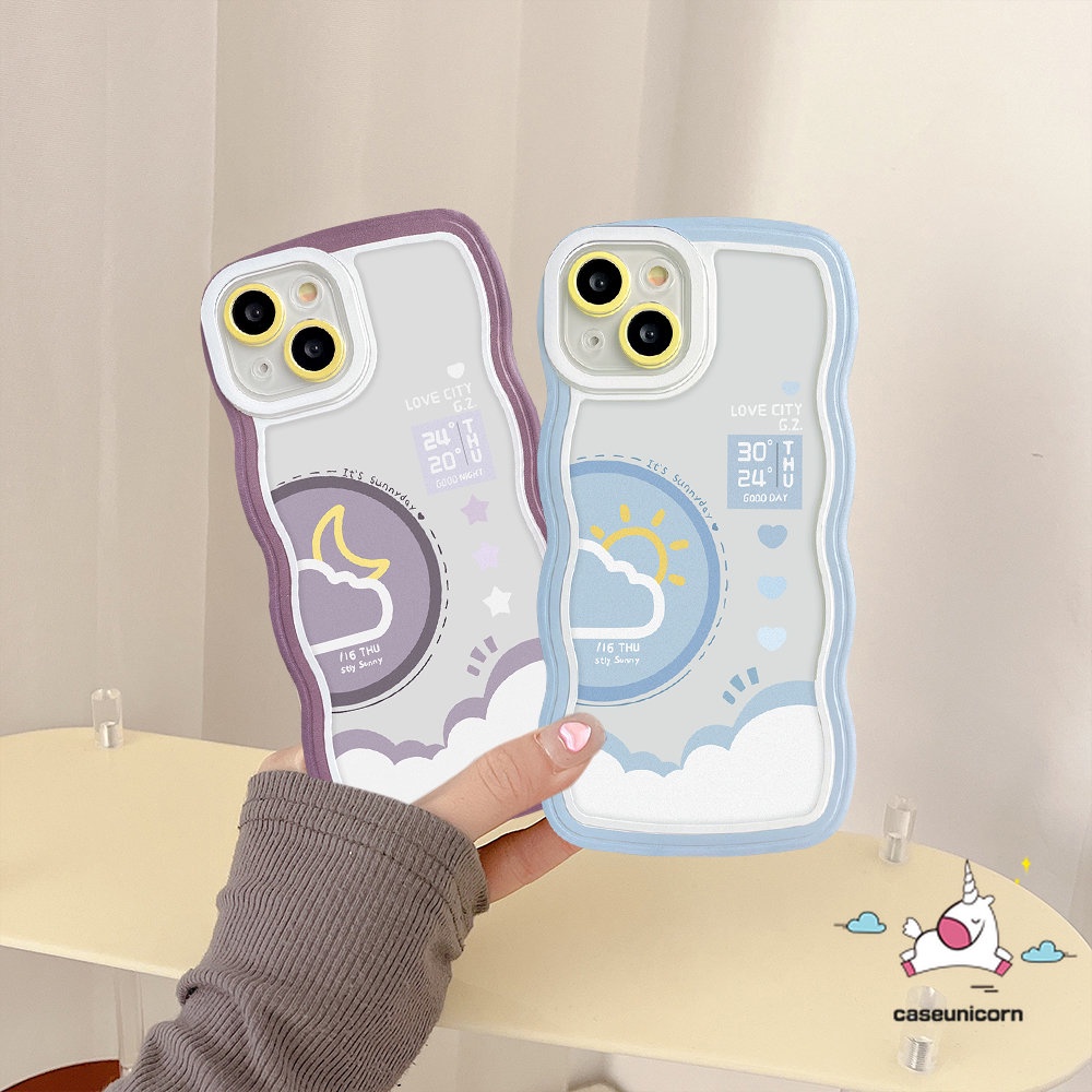 IPHONE Casing Belakang Pasangan Kompatibel Untuk Iphone11 14 13 12 Pro Max6 6s 8 7 Plus 14Plus XR X XS Max SE 2020an Bergelombang Edge Lovers Siang Malam Ramalan Cuaca Soft TPU Phone Cover