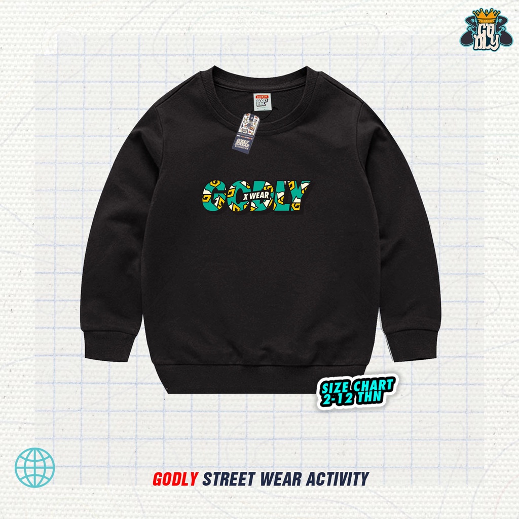 Sweater Anak Bahan Tebal  Unisex Motif Godly / Cod Bayar Ditempat / Crewneck Bahan Katun Fleece Sablon DTF