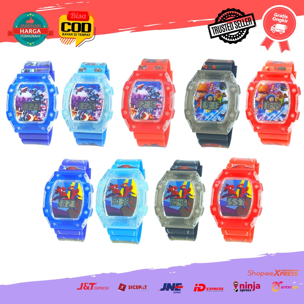 [COD] Jam Tangan Anak Karakter Spiderman Boboboi Transformer Cowok Laki Laki Melodi Musik Strap Rubber Transparant Segi