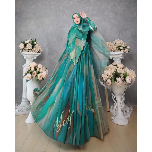 Yodizein Syari - Dress Fayana tosca premium set gamis khimar full printing