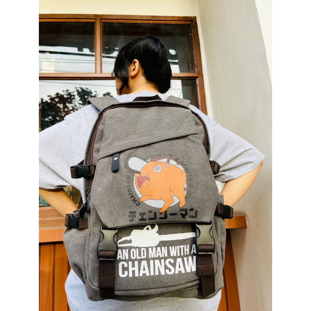 Bagpack Pochita Kanji Canvas Grey Anime Manga Chainsaw Man Premium Unisex