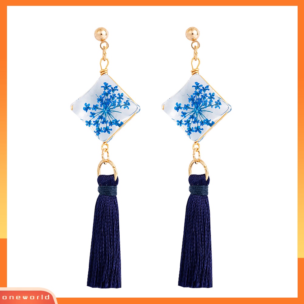 [WONE] Ethnic Square Daffodil Panjang Rumbai Menjuntai Ear Stud Earrings Wanita Perhiasan Hadiah