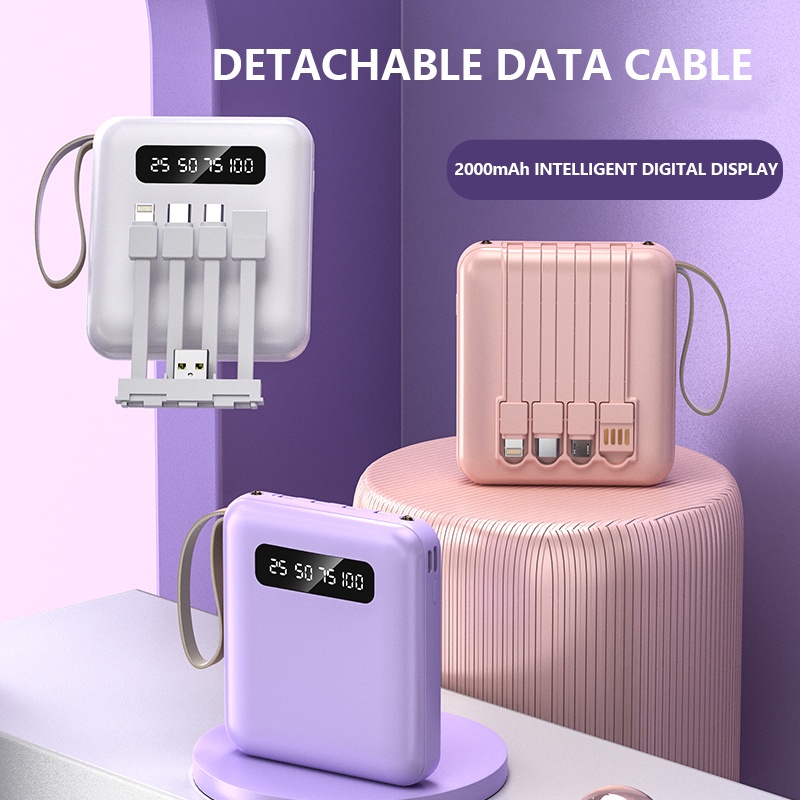 PowerBank 4 in 1 Built in Cable Fast Charging 12000Ah/20000Ah Mini 2.4A Real Capacity Type C Micro LED Display