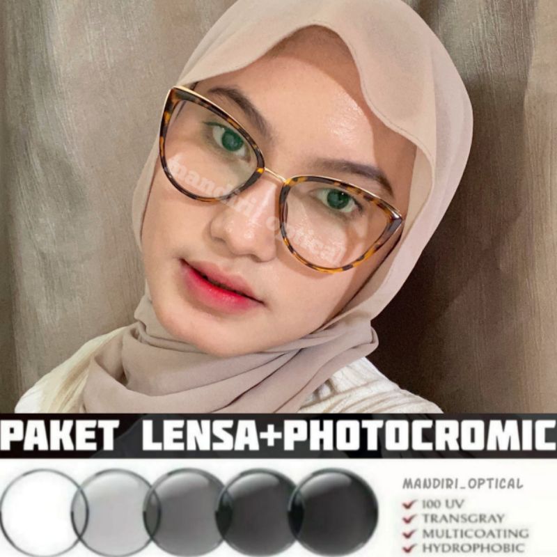 (COD) Frame kacamata cat eye wanita | GRATIS Lensa MINUS Photocromic minus anti radiasi | Kacamata hitam | kacamata fashion