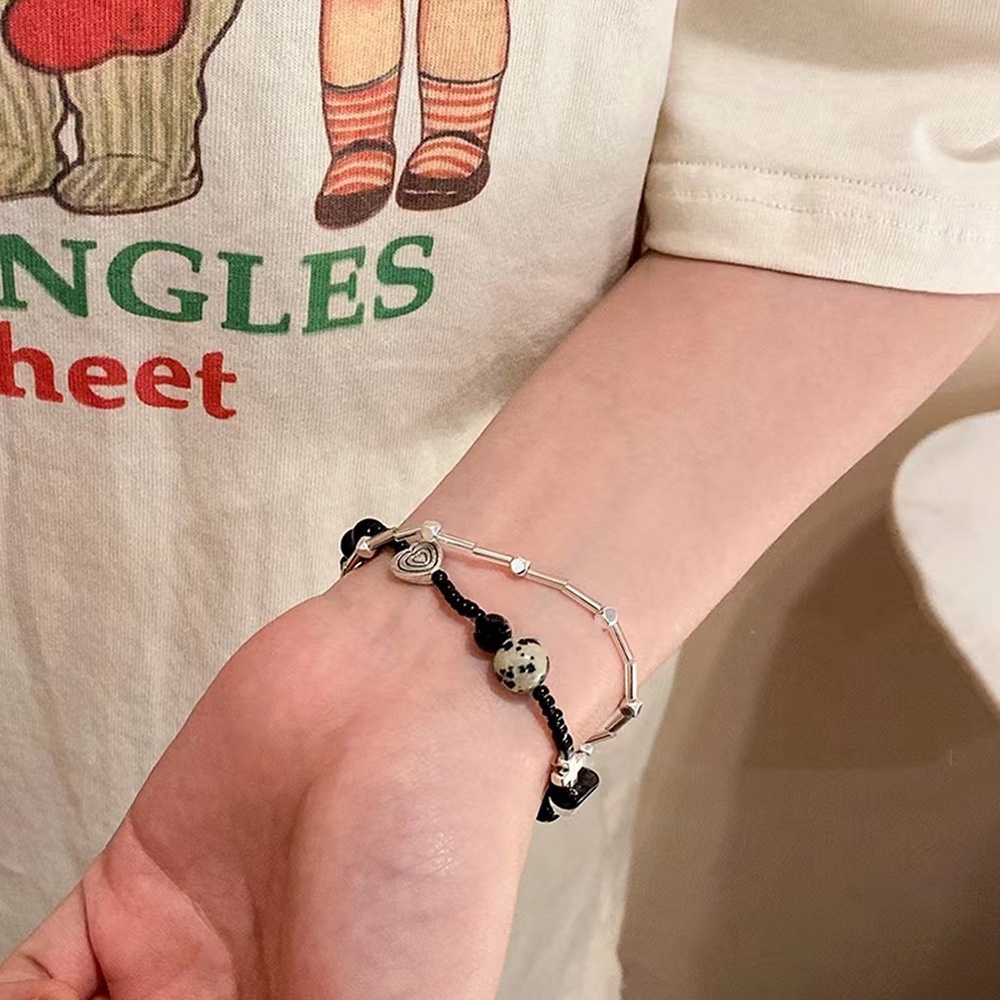 Retro Double Layer Gelang Manik-Manik Hati Untuk Wanita Gadis Ornamen Tangan Batu Keberuntungan