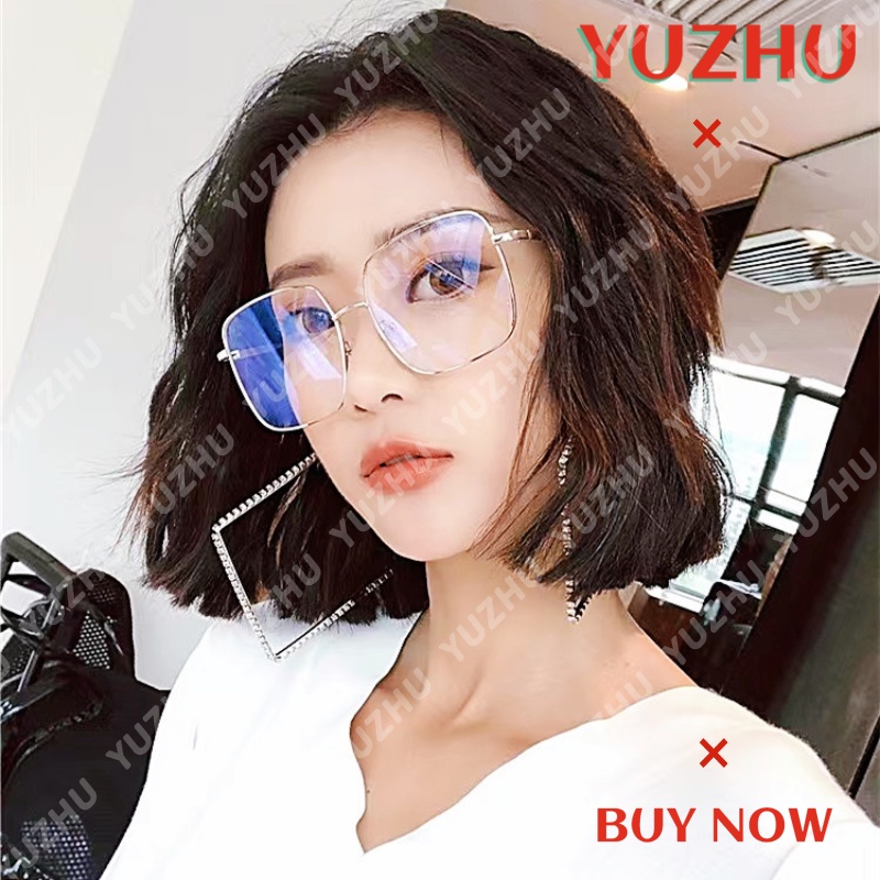 (YUZHU) Korea Fashion Oversized Bingkai Persegi Anti Cahaya Biru Kacamata Vintage Fashion Bingkai Logam Emas Perak Hitam Kacamata