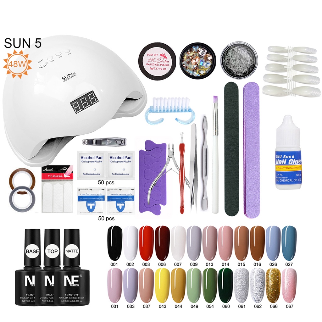 Alat kutek kuku nail art set Kutek Gel Lampu Kuku UV 48W 24 Warna Cat Kuku Gel, Set Peralatan Manikur Seni Kuku, Atasan dan Tidak Mengilap dengan Lapisan Dasar 22pcs alat set manikur base&amp;top&amp;matte cat kuku 60pcs Kuku Palsu