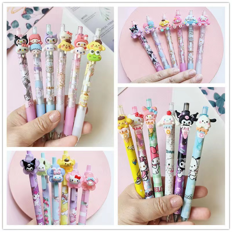 6pcs /lot Kartun Press Gel Pen 0.5mm Hitam Rollerball Tulis Alat Tulis