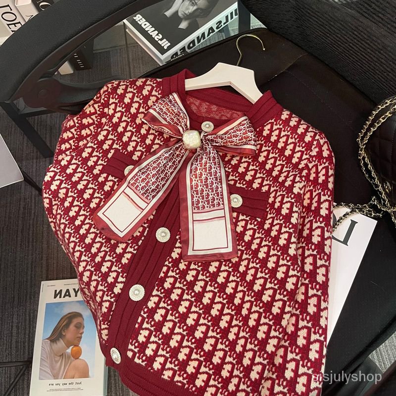 #Sisjuly# Jaket chambray merah Prancis wanita atasan rajutan busur vintage baru